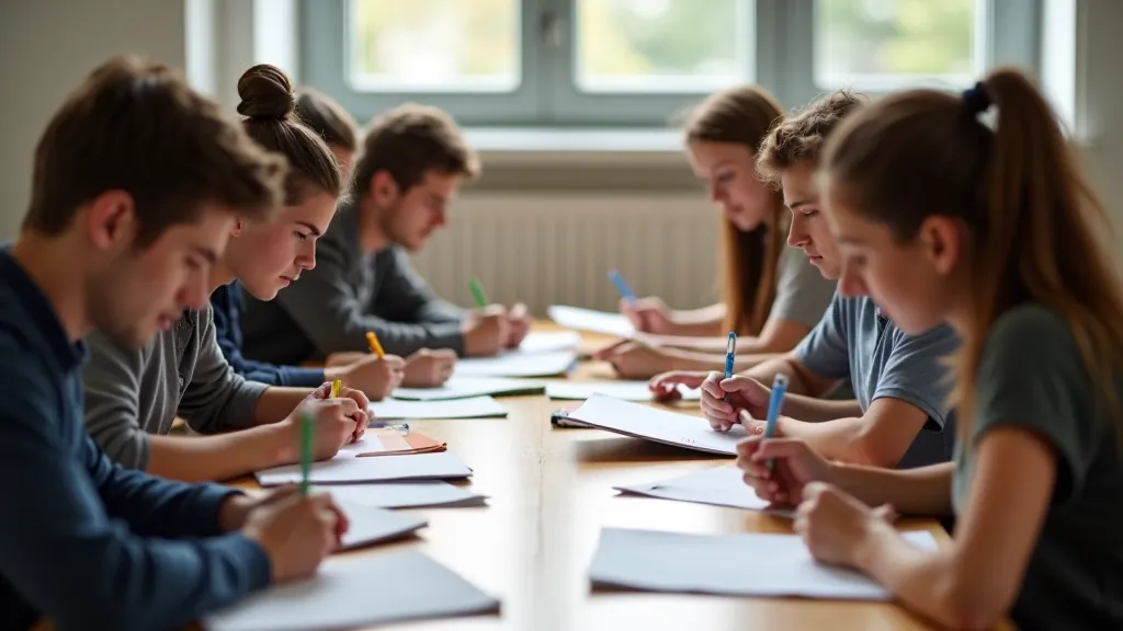 Studentu grupa apgūst valodu interaktīvā klasē ar mājasdarbu grāmatu un pierakstiem uz galda